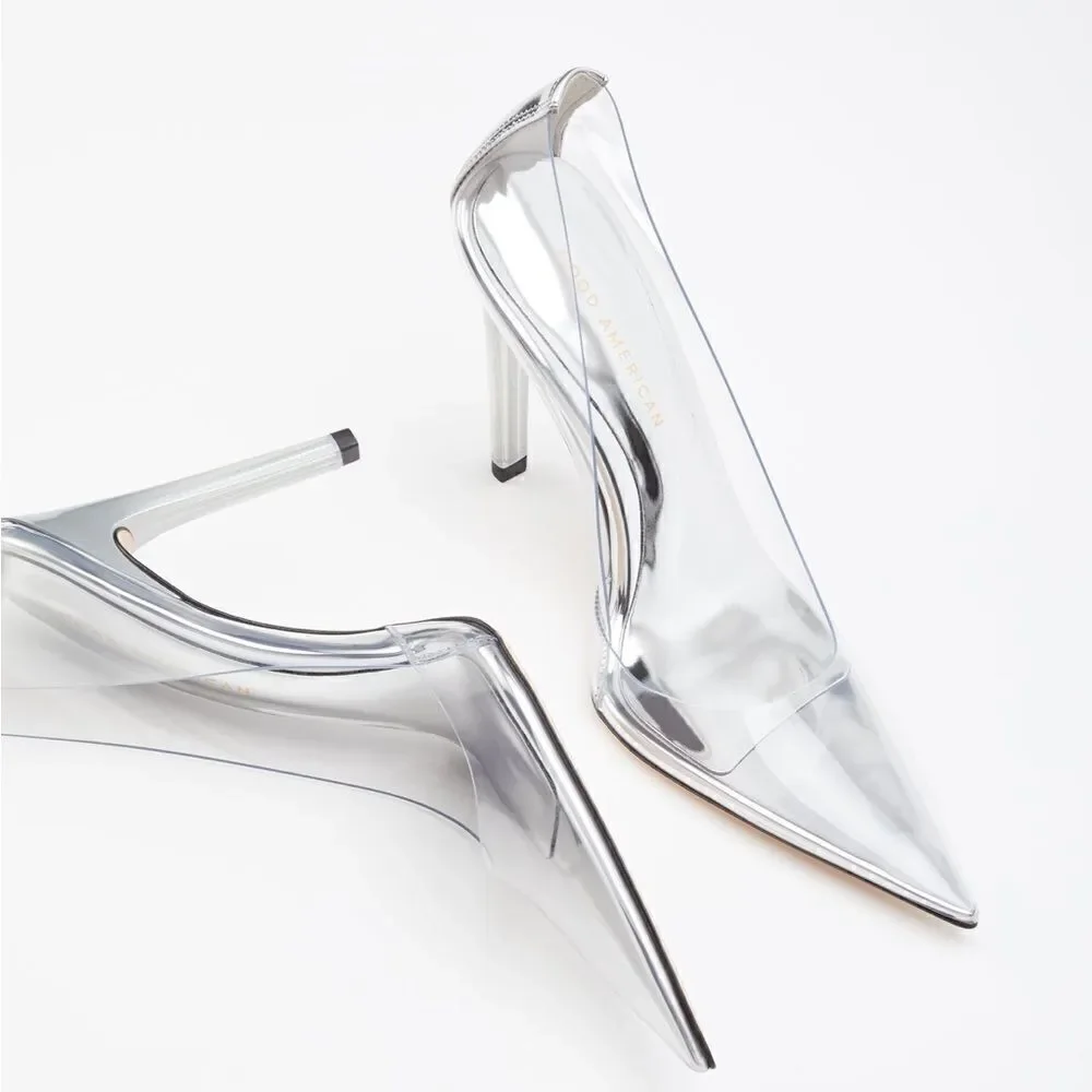 Good American Clear PVC Pointed Toe Stiletto Heels with Silver Trim
